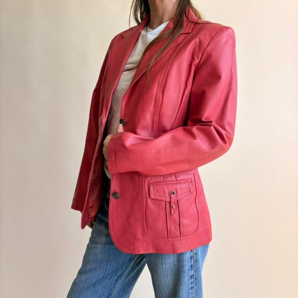 Pamela McCoy Raspberry Pink Leather Moto Jacket - Size Small - Picture 3 of 8